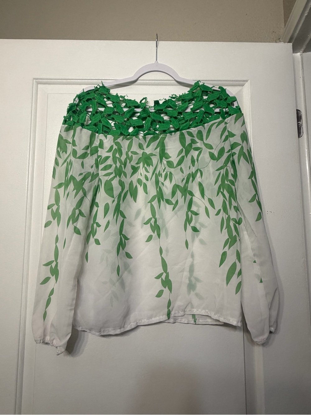 White Blouse with Green Leaf Print and Crochet neckline